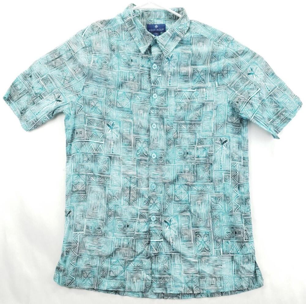 Weekender Shirt Mens Large Aqua Palm Tree & Geometric Cotton Button-Up